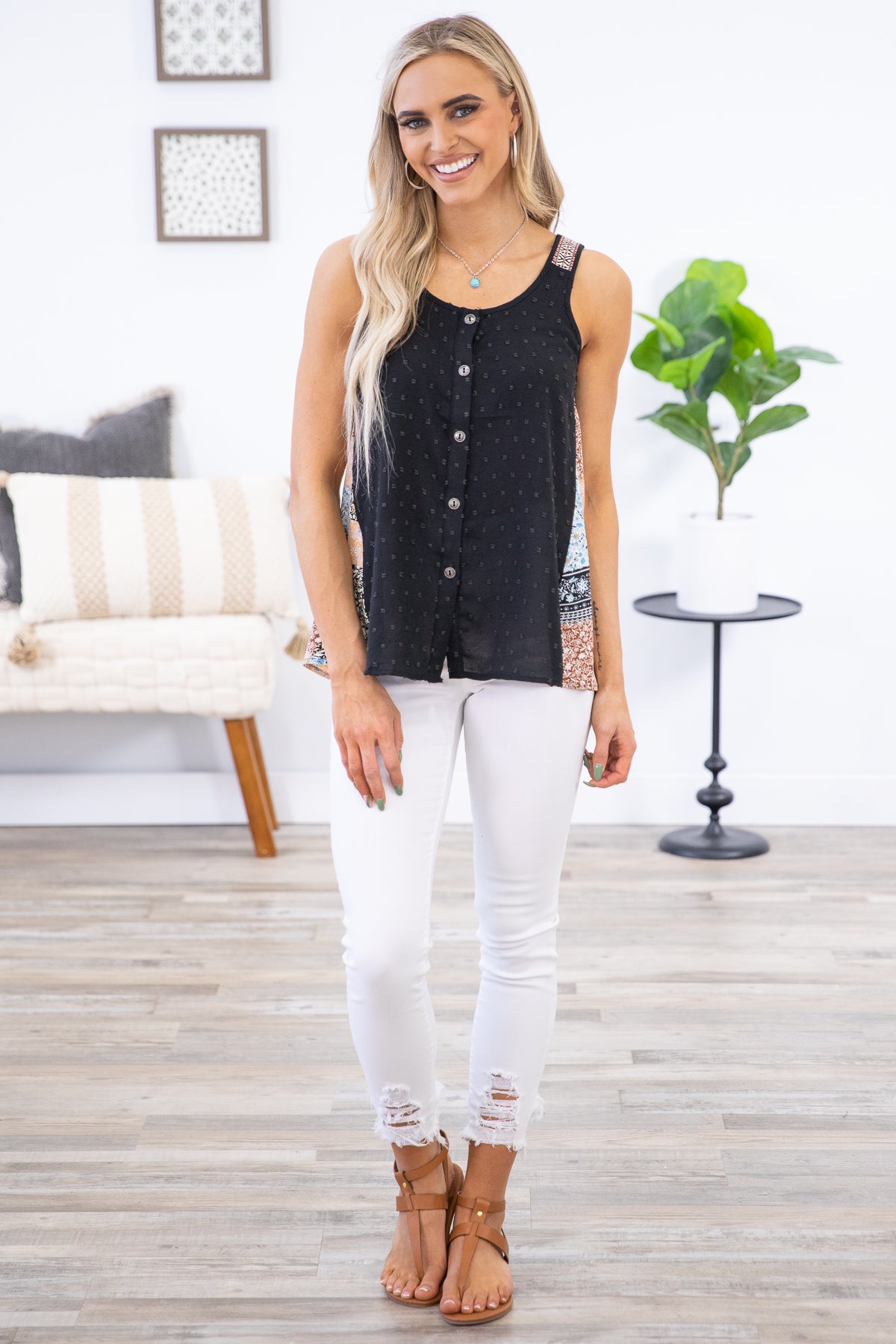 Black Tank with Floral Patchwork Print Back