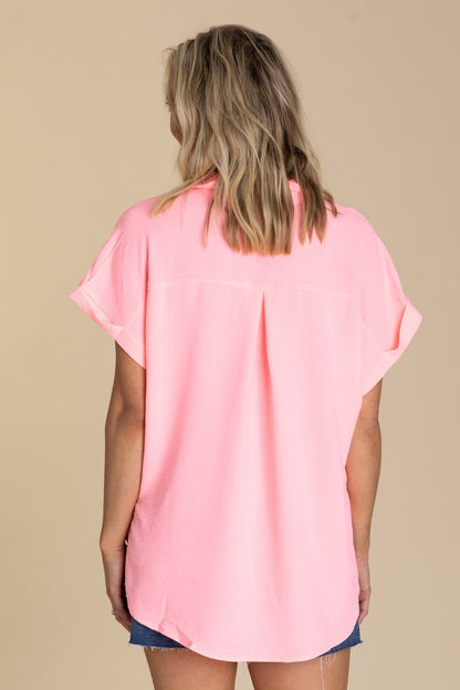 Bright Pink Woven Airflow Button Down Top