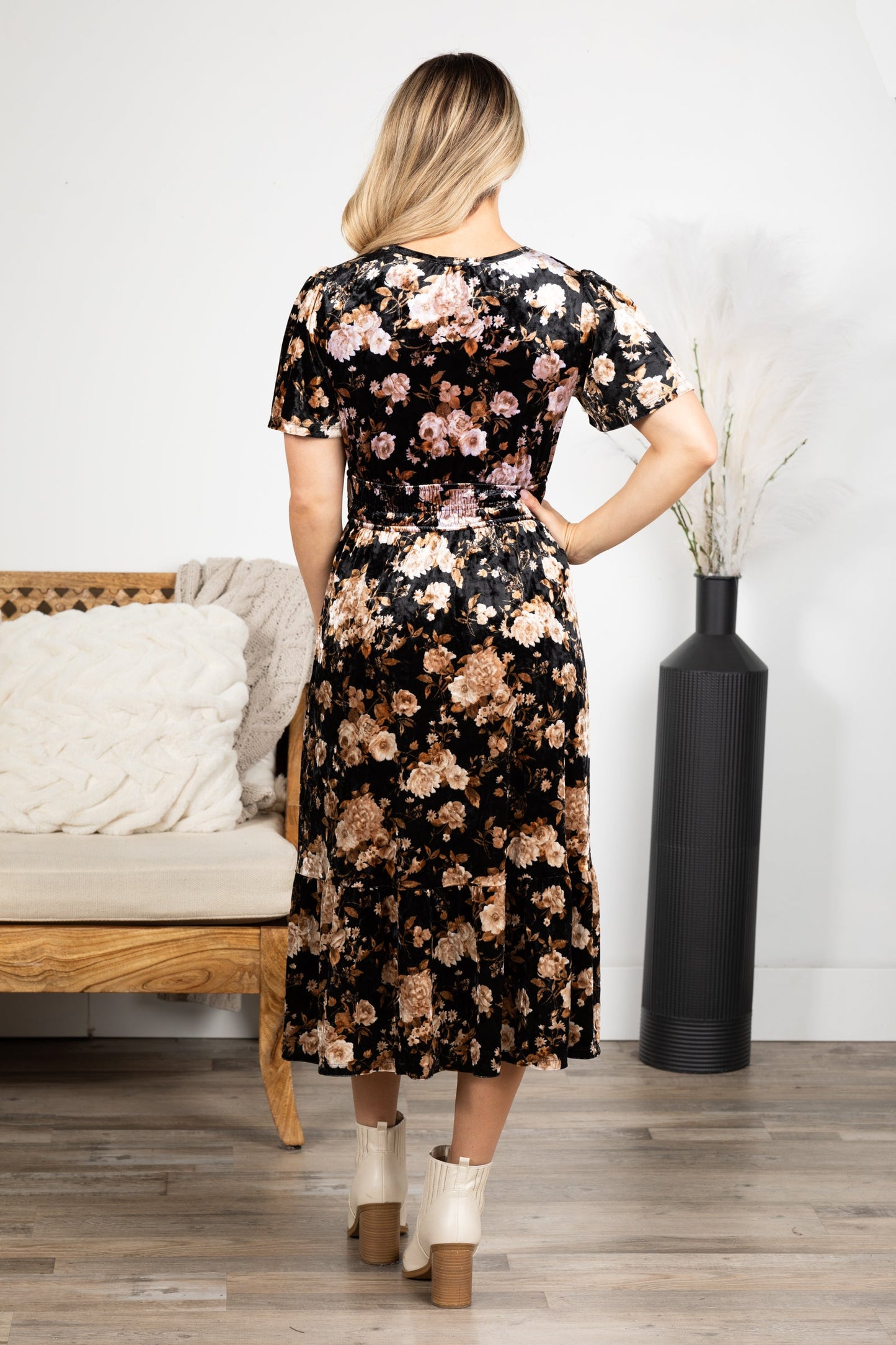 Black Floral Velvet Splice Shirred Midi Dress