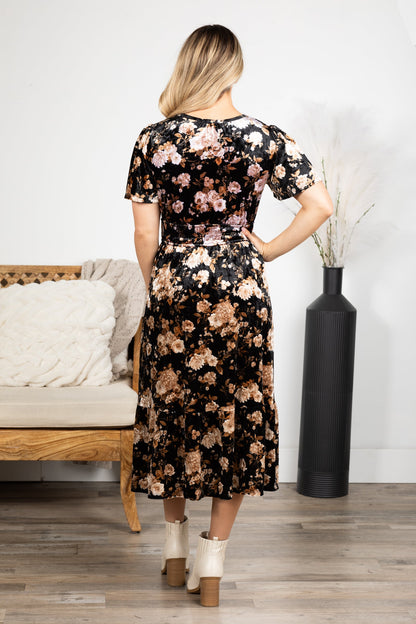 Black Floral Velvet Splice Shirred Midi Dress
