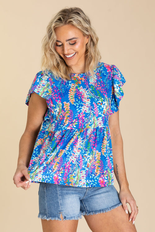 Blue Babydoll Floral Print Buttery Knit Top