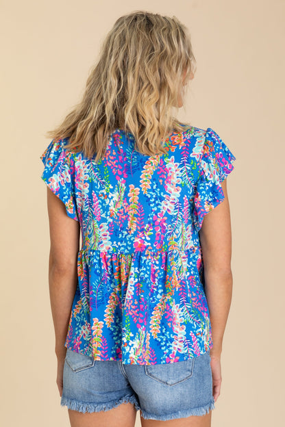 Blue Babydoll Floral Print Buttery Knit Top