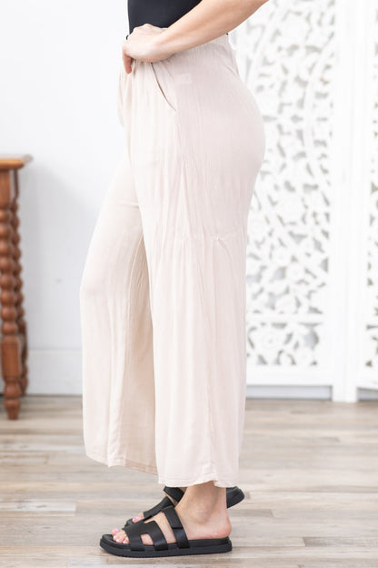 Beige Woven Crinkle Wide Leg Pants