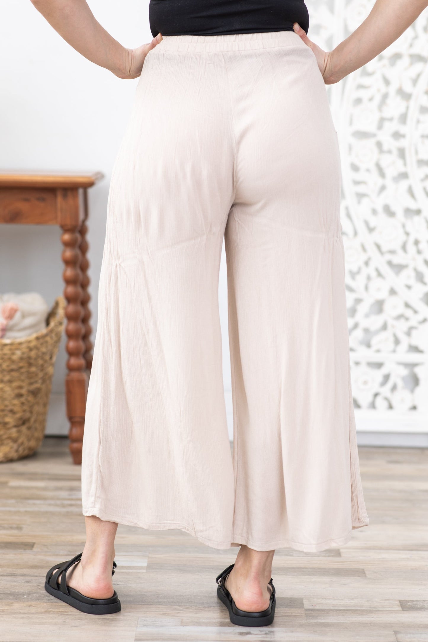 Beige Woven Crinkle Wide Leg Pants