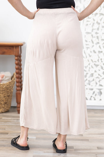 Beige Woven Crinkle Wide Leg Pants