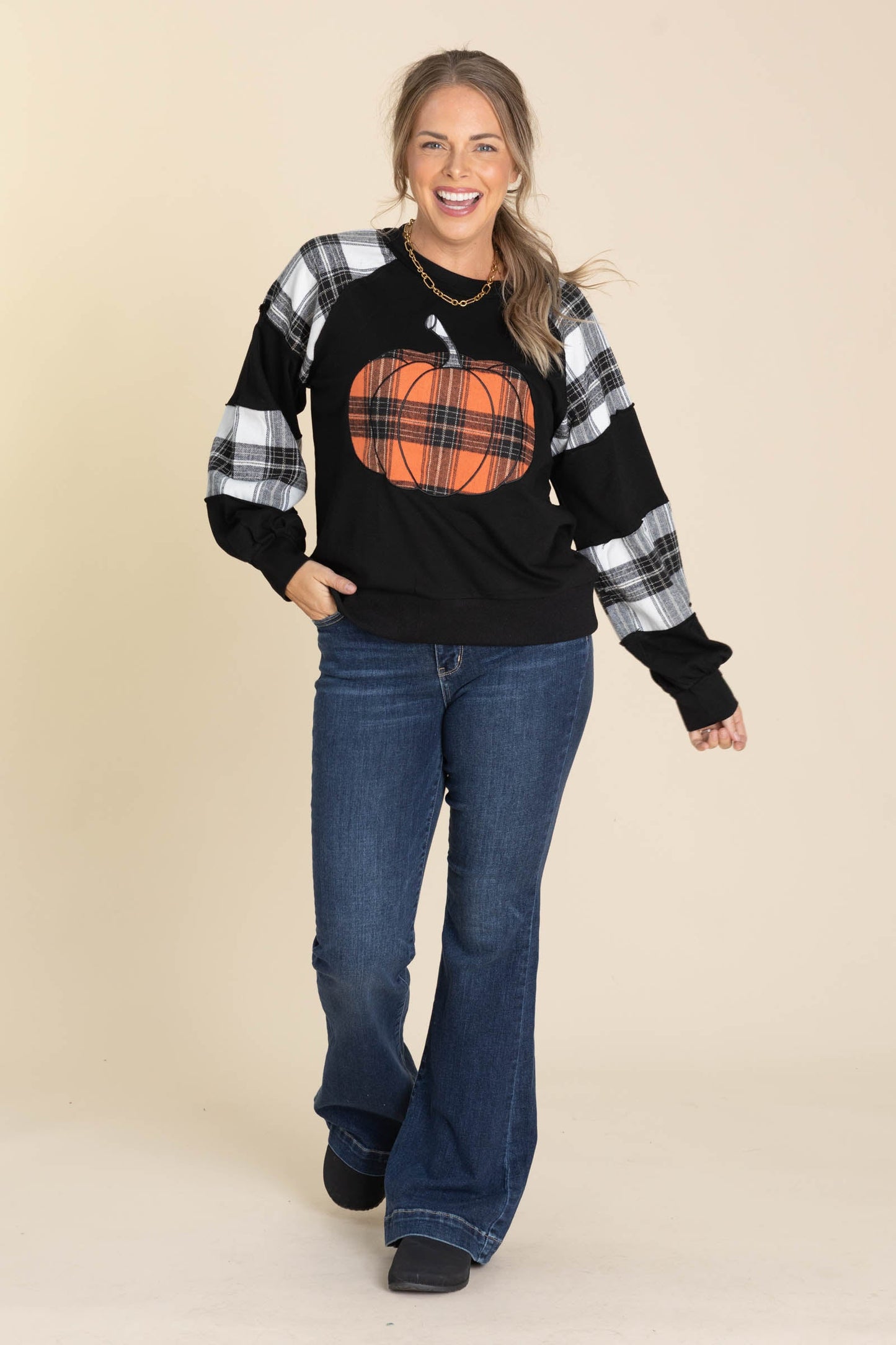 Black Combo Plaid Pumpkin Graphic Sweatshirt