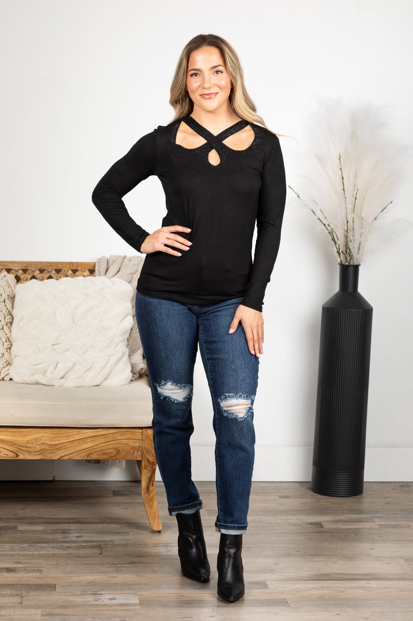 Black Knit Top With Crisscross And Stones