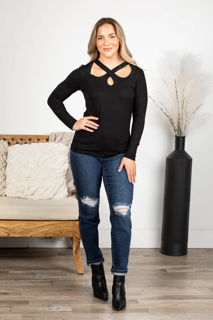 Black Knit Top With Crisscross And Stones
