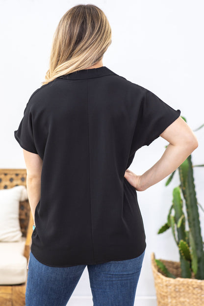 Black Wrinkle Free Top With Collar