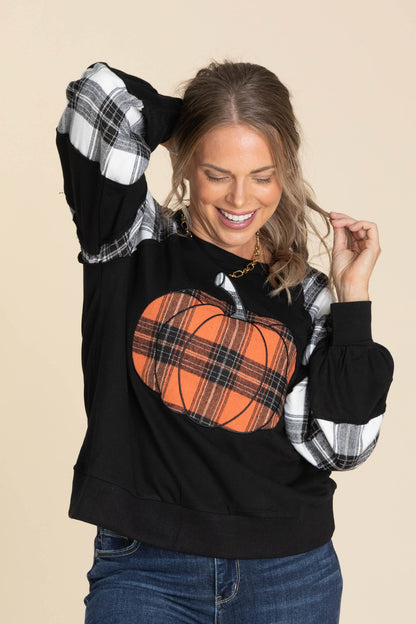 Black Combo Plaid Pumpkin Graphic Sweatshirt