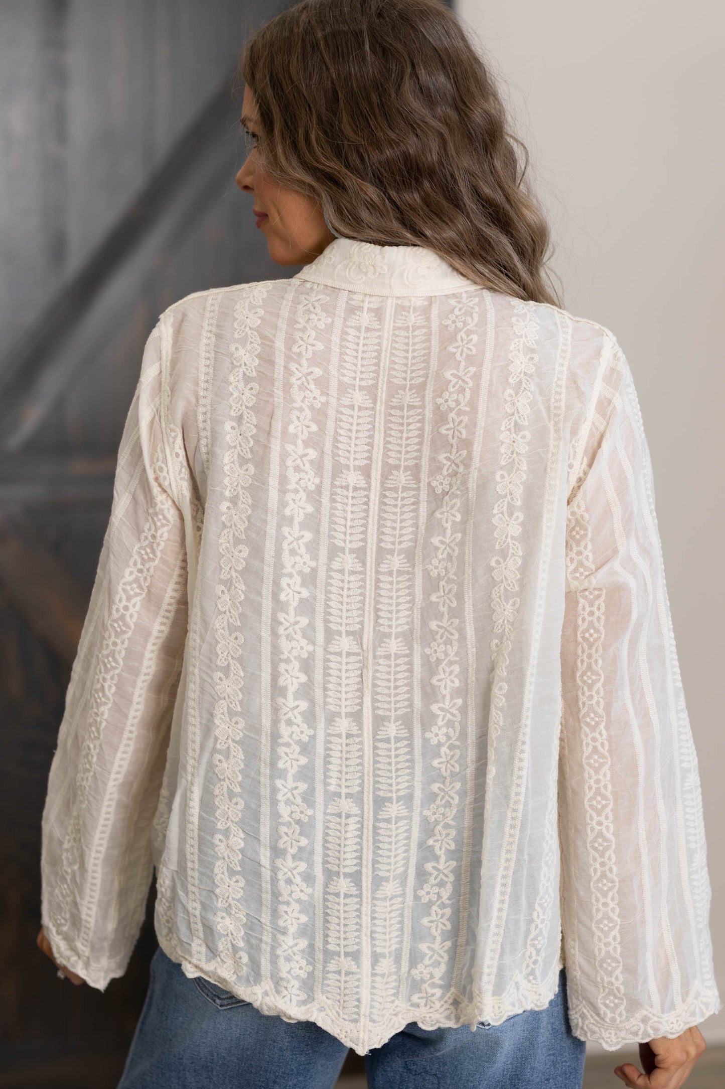 Beige Lace And Cotton Button Down Top