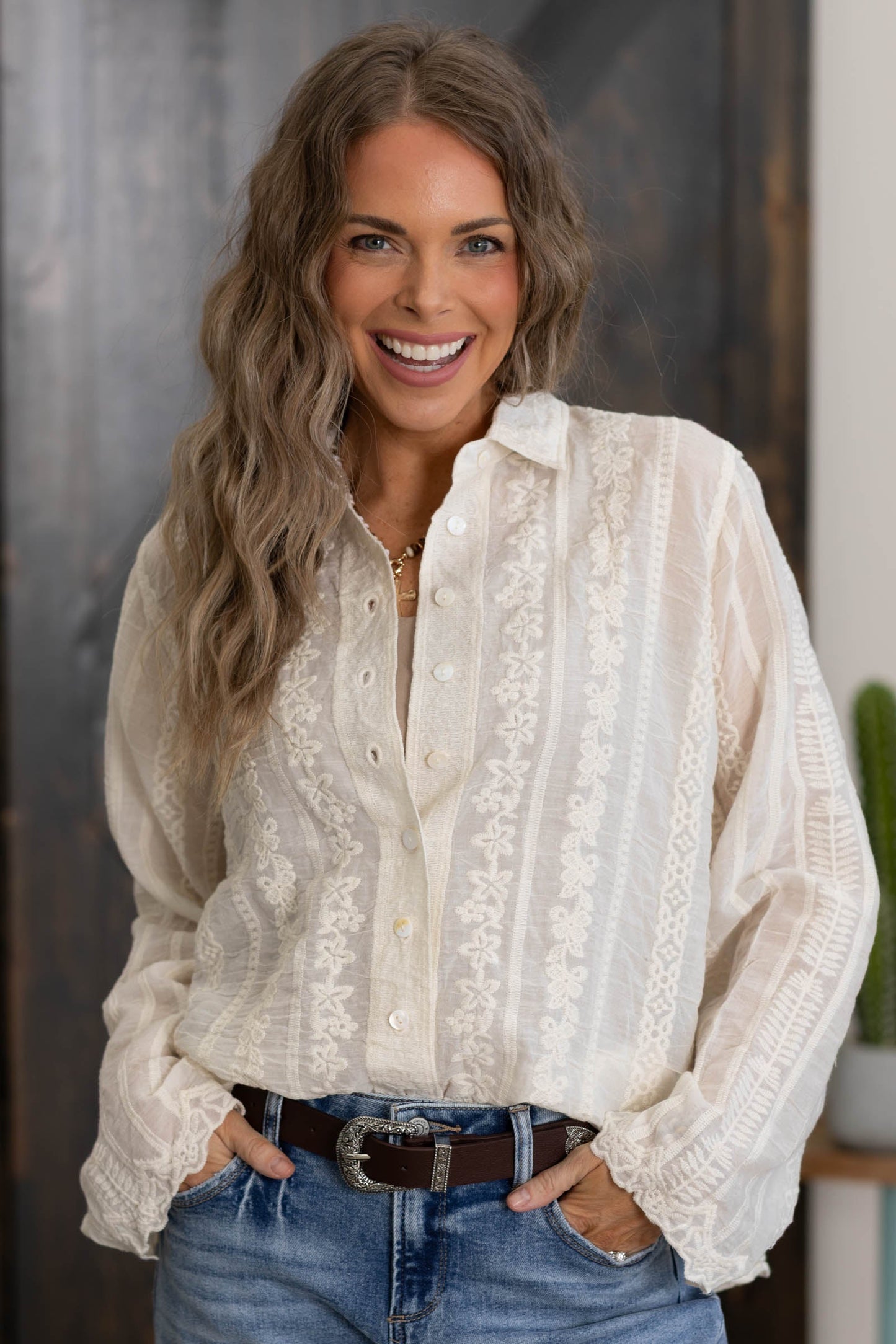 Beige Lace And Cotton Button Down Top