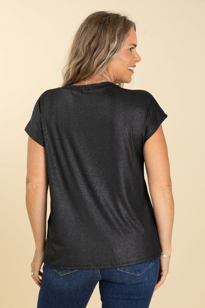 Black Shimmer Round Neck Knit Top