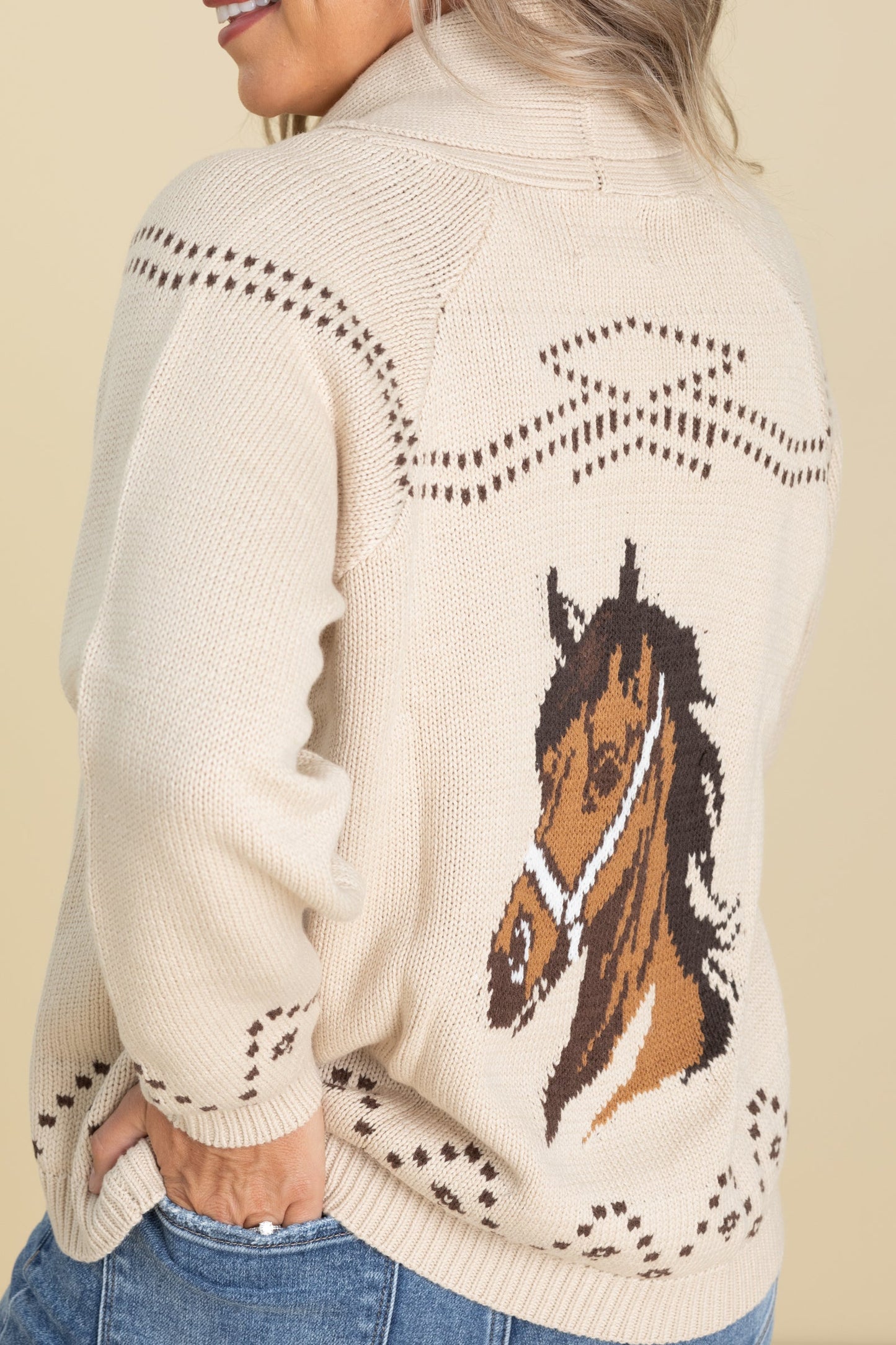 Beige Horse Jacquard Shawl Knit Cardigan