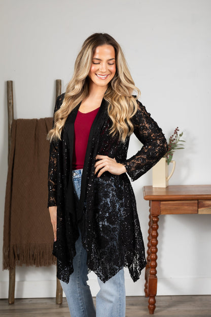 Black Sequins Lace Open Cardigan