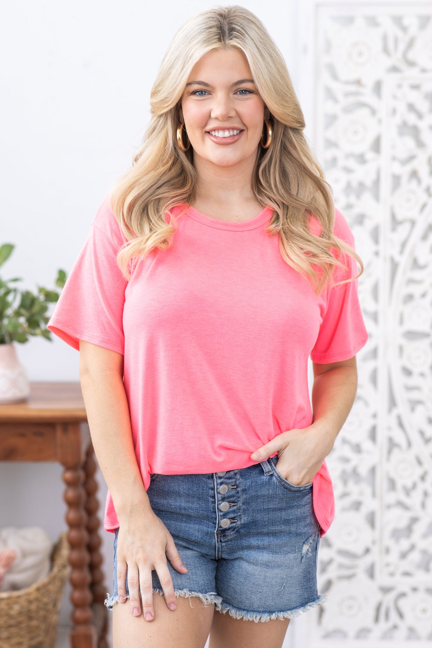 Bright Pink Crewneck Short Sleeve Knit Top