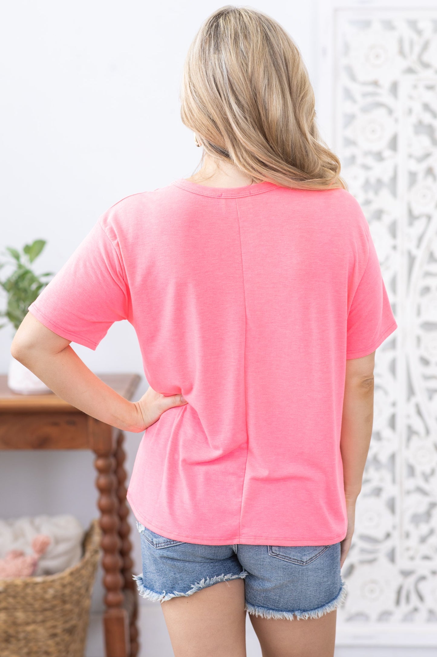 Bright Pink Crewneck Short Sleeve Knit Top
