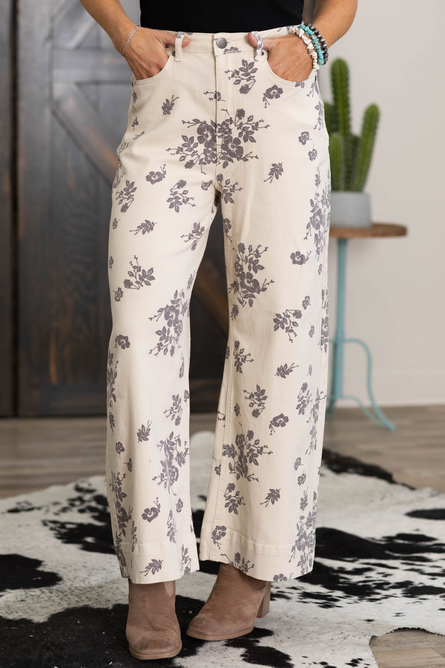 Beige Floral Printed Straight Leg Cotton Pants