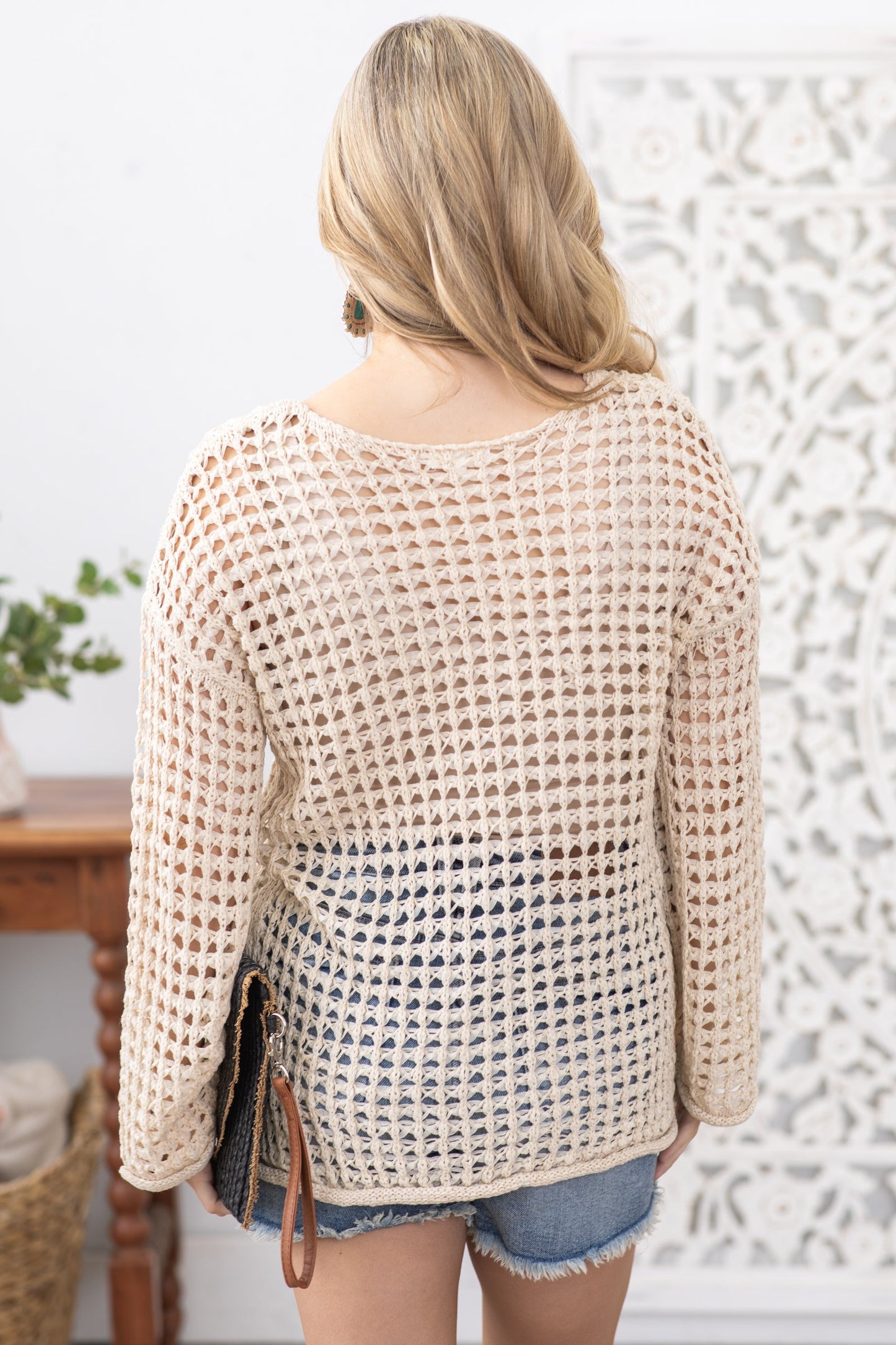 Beige Drop Shoulder Crochet Knit Top