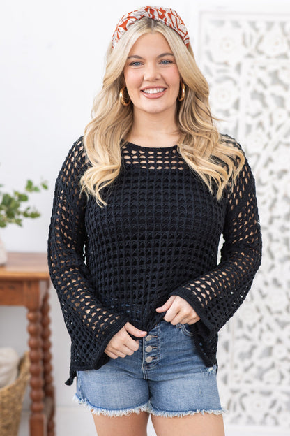 Black Drop Shoulder Crochet Knit Top