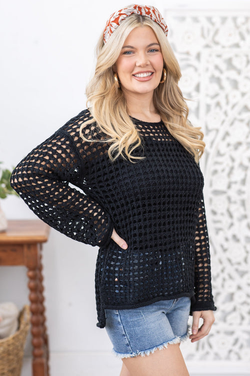 Black Drop Shoulder Crochet Knit Top