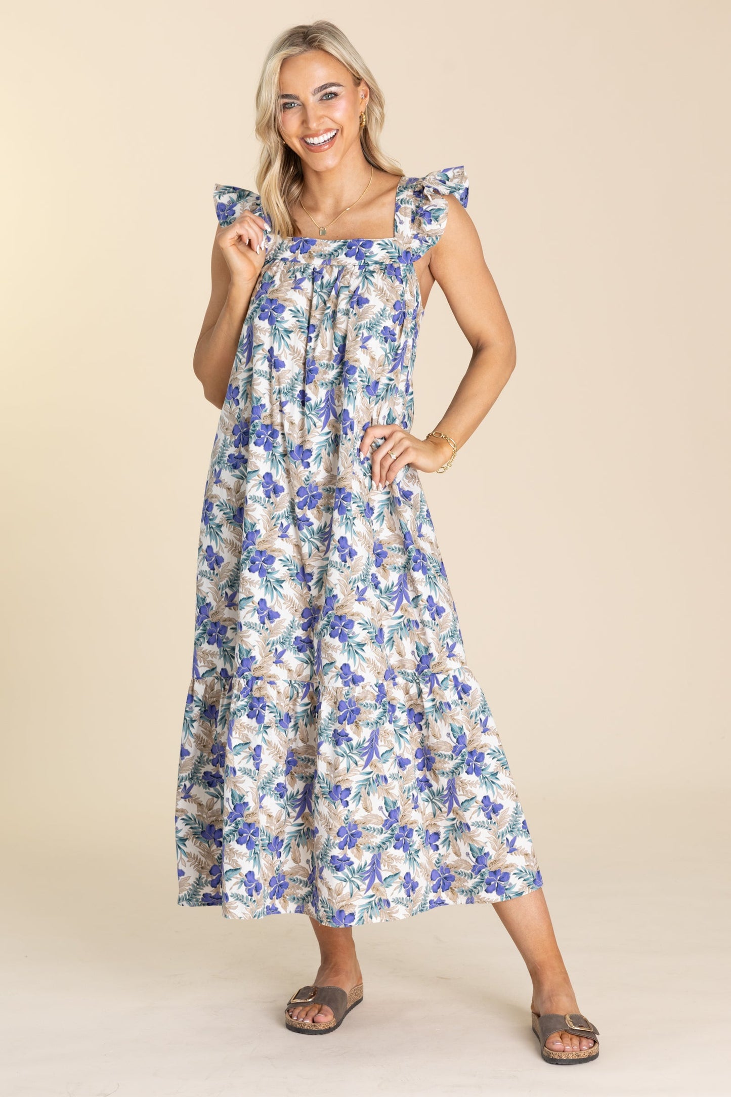 Blueberry And Taupe Floral Ruffle Dress