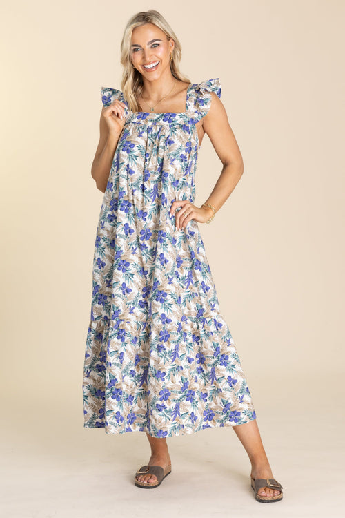Blueberry And Taupe Floral Ruffle Dress