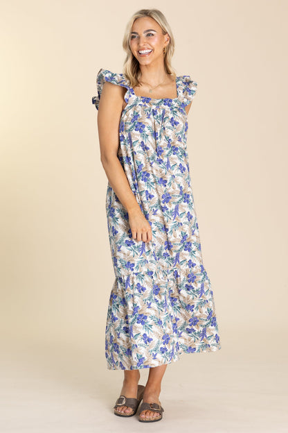 Blueberry And Taupe Floral Ruffle Dress