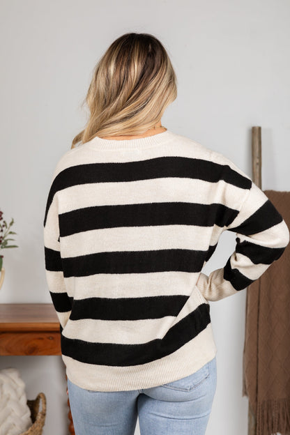 Black and Ivory Stripe Knit Sweater