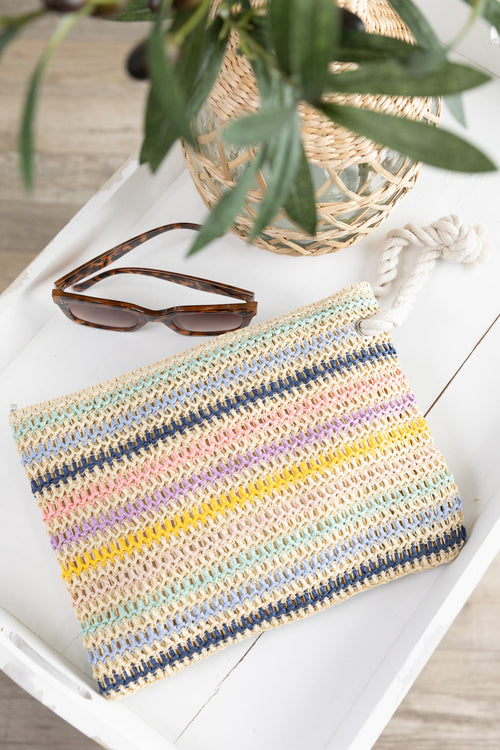 Blue Multicolor Stripe Rope Handle Pouch
