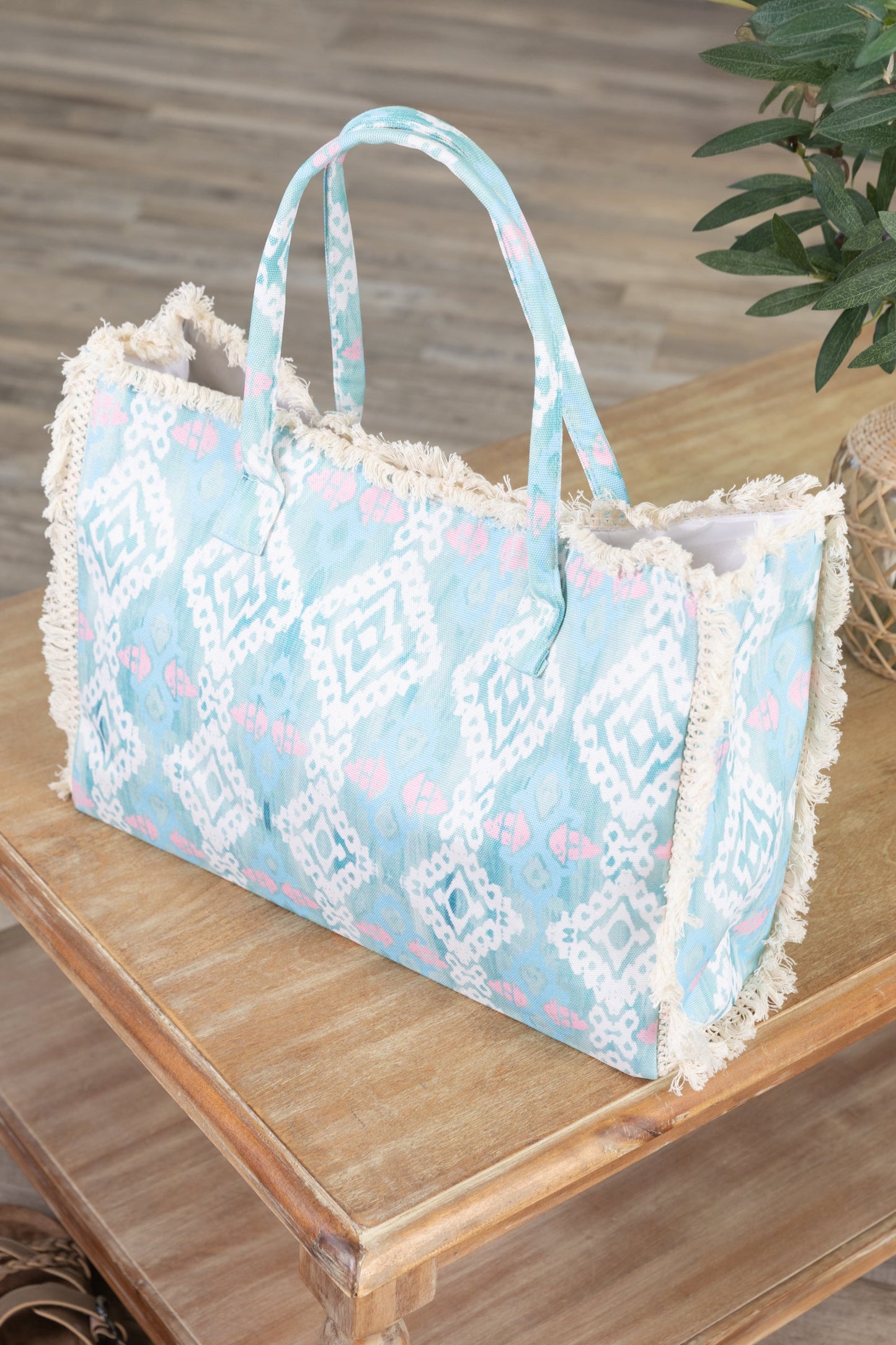 Baby Blue Boho Pattern Fringe Tote Bag