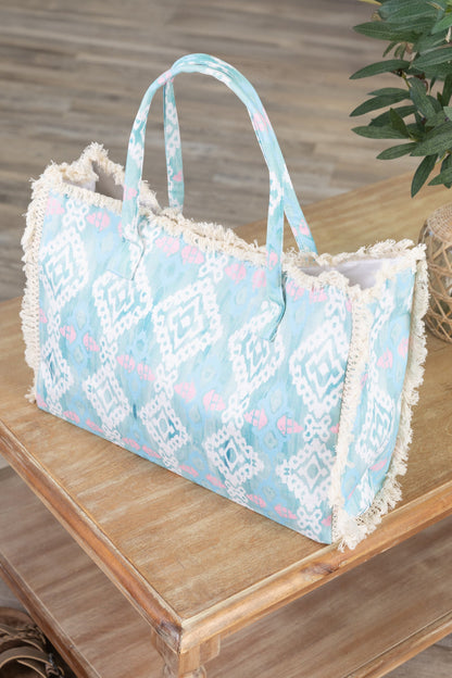 Baby Blue Boho Pattern Fringe Tote Bag