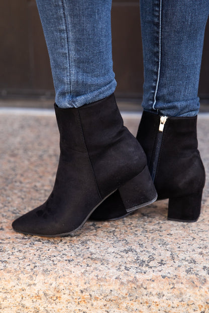 Black Block Heel Point Toe Booties