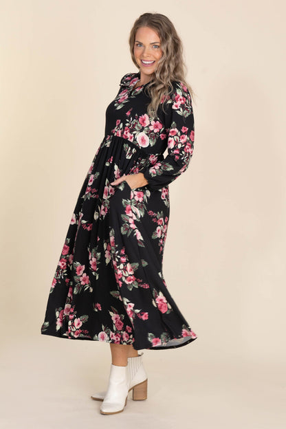 Black With Magenta Florals Maxi Dress