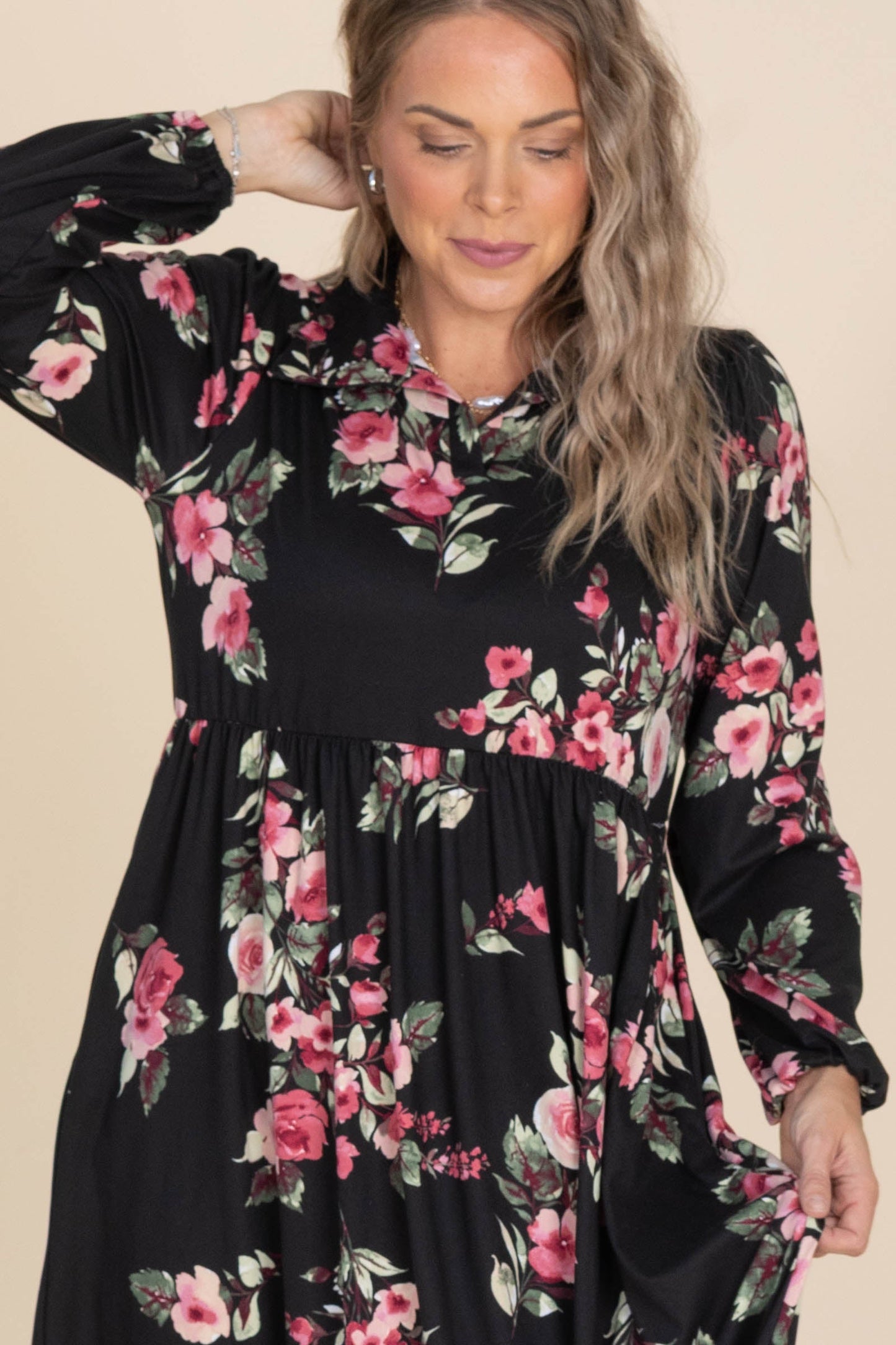 Black With Magenta Florals Maxi Dress
