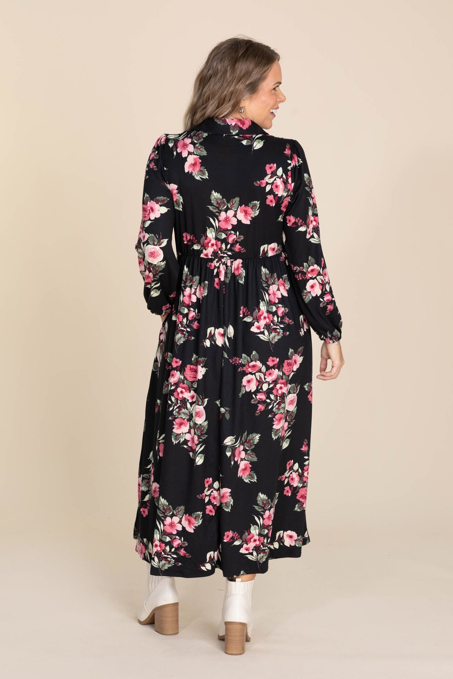 Black With Magenta Florals Maxi Dress