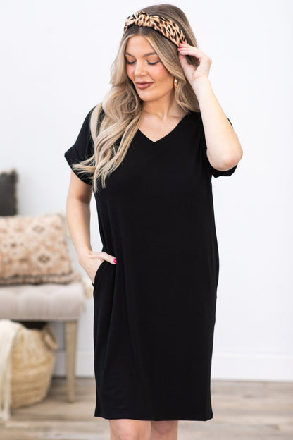 Black Rolled Short Sleeve V-Neck Dress
