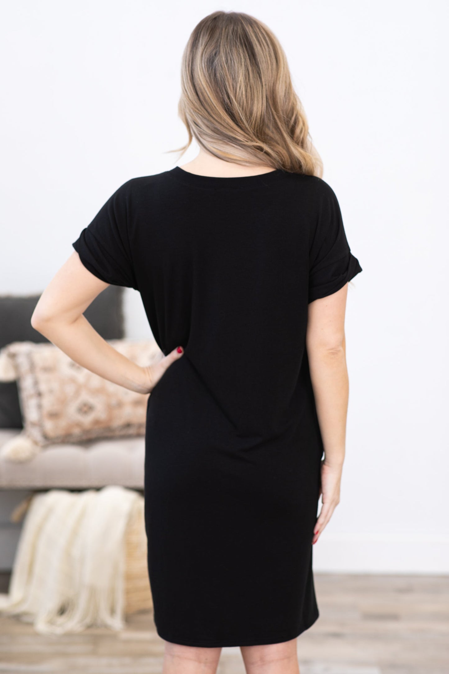 Black Rolled Short Sleeve V-Neck Dress