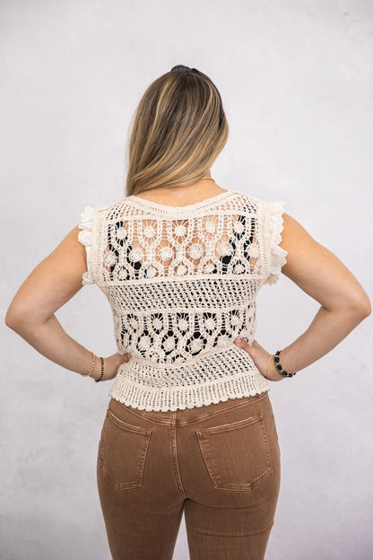 Beige Eyelet Ruffled Shoulder Crochet Knit Top