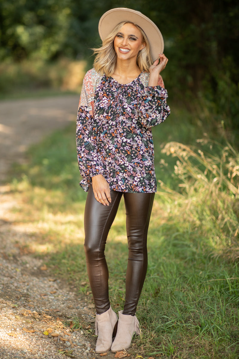 Black Multicolor Colorblock Floral Print Top