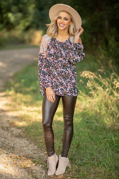 Black Multicolor Colorblock Floral Print Top