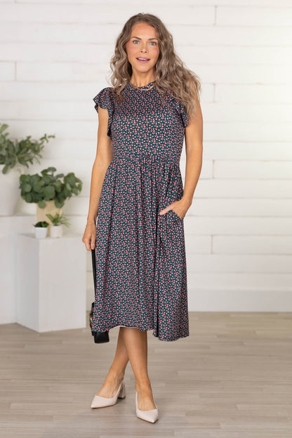 Black Floral Knit Dress With Ruffles