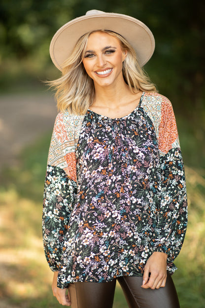 Black Multicolor Colorblock Floral Print Top