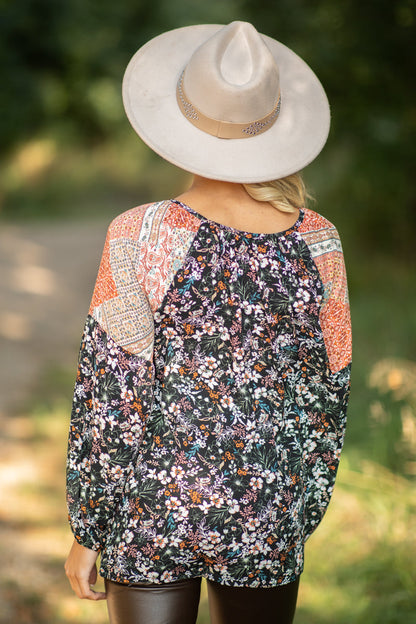 Black Multicolor Colorblock Floral Print Top