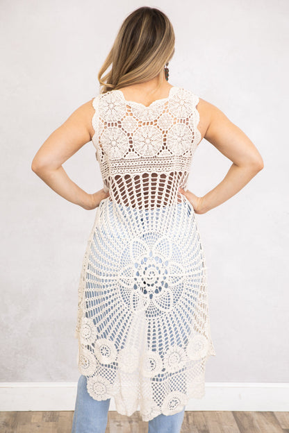 Beige Crochet Hi-Low Sleeveless Tunic Knit Top