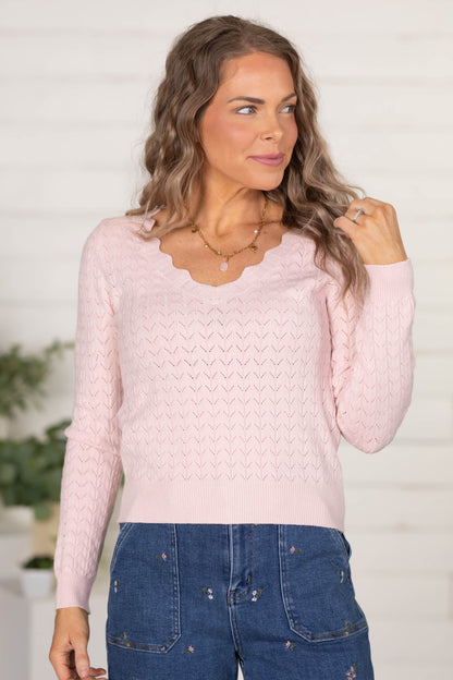 Blush Pointelle Pullover Sweater With Scallop V-Neck