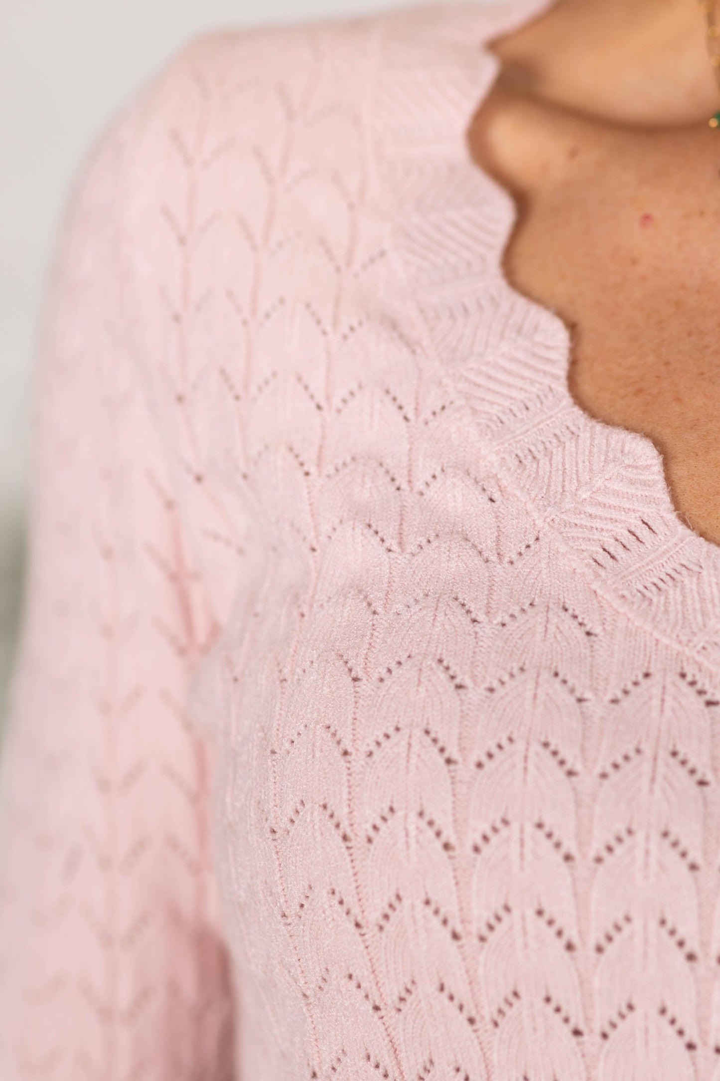 Blush Pointelle Pullover Sweater With Scallop V-Neck