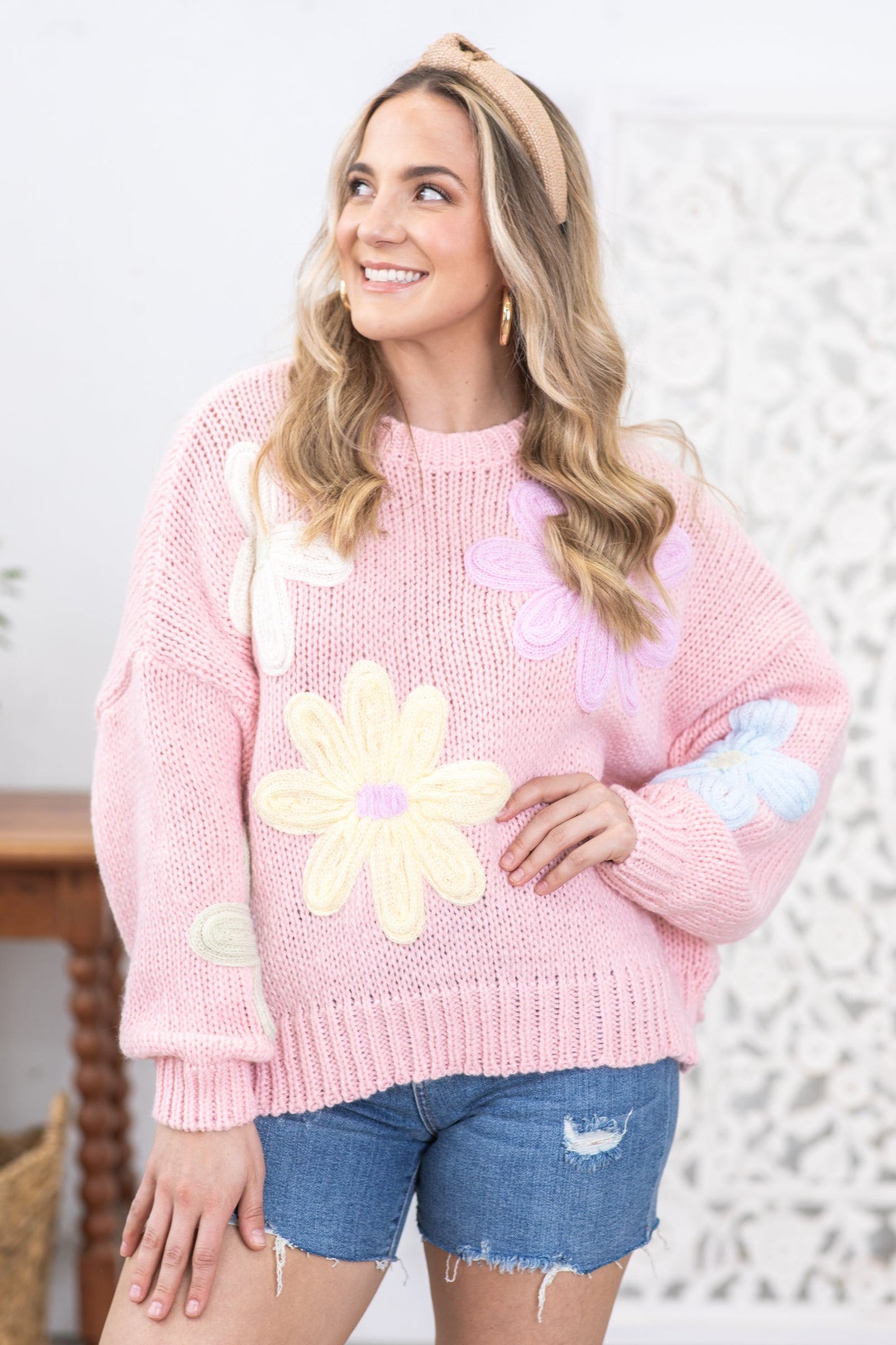 Baby Pink Floral Applique Sweater