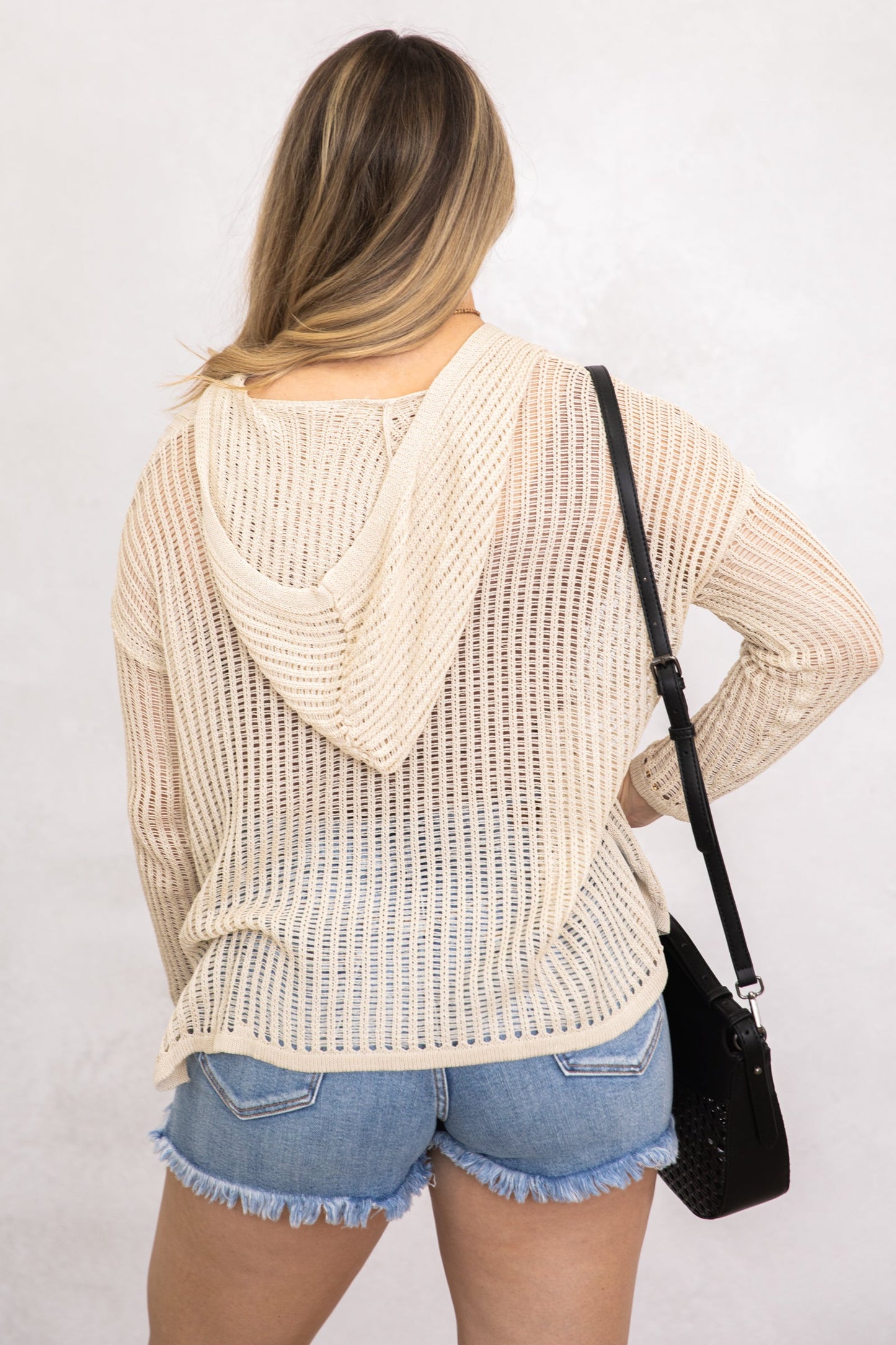 Beige Lightweight Crochet Hoodie Tunic Top