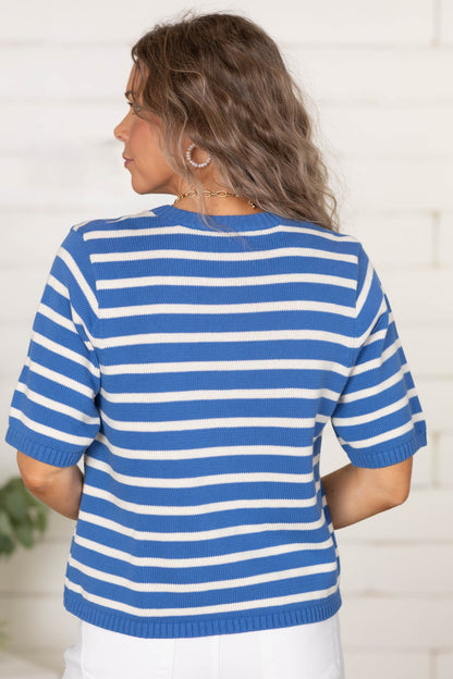 Blue Stripe Button Down Knit Sweater Top